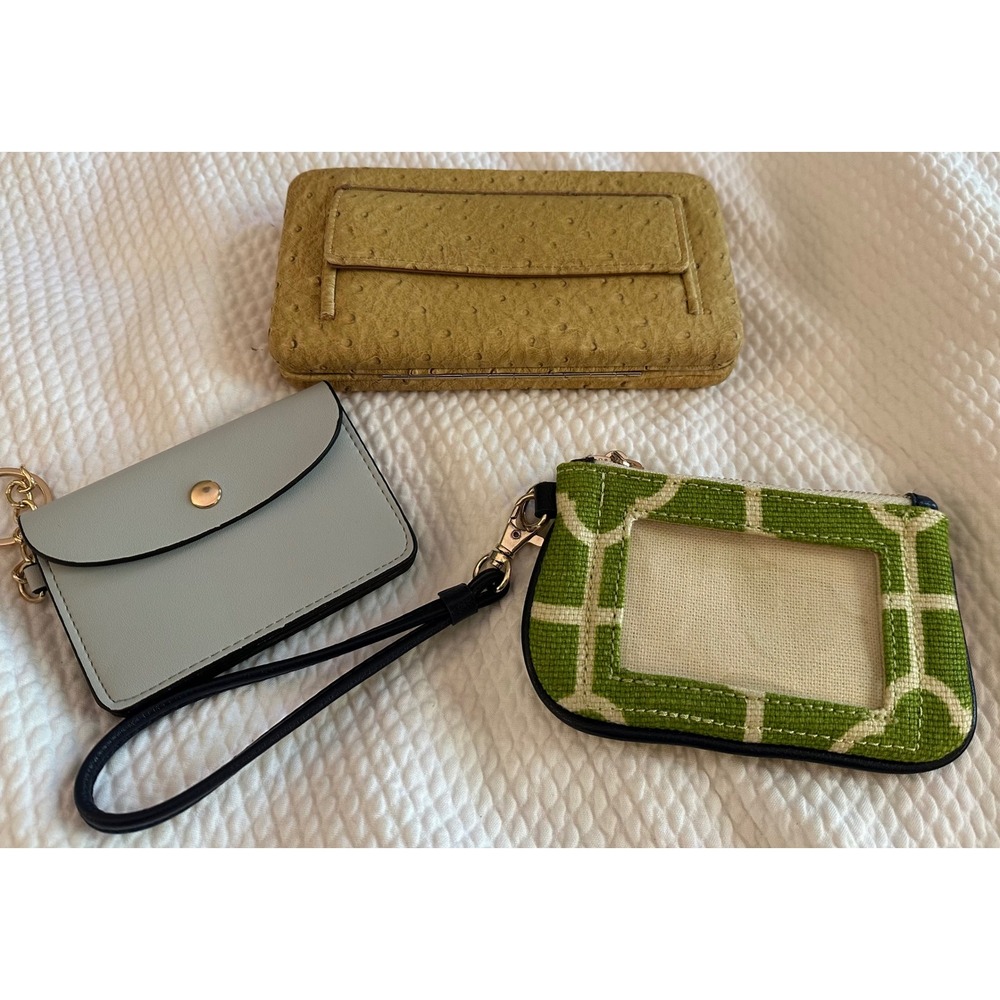 Lot of 3 Wallets Ostrich Embossed Clutch Card Holder and Green ID Wristlet
